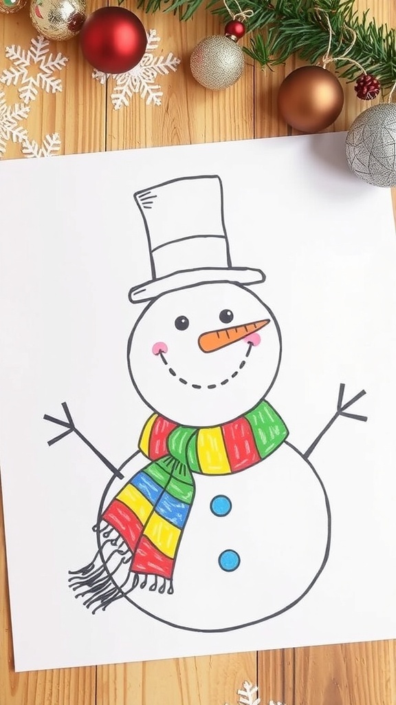 Festive Snowman Drawing Recipe A colorful drawing of a snowman with a scarf and hat, surrounded by snowflakes.